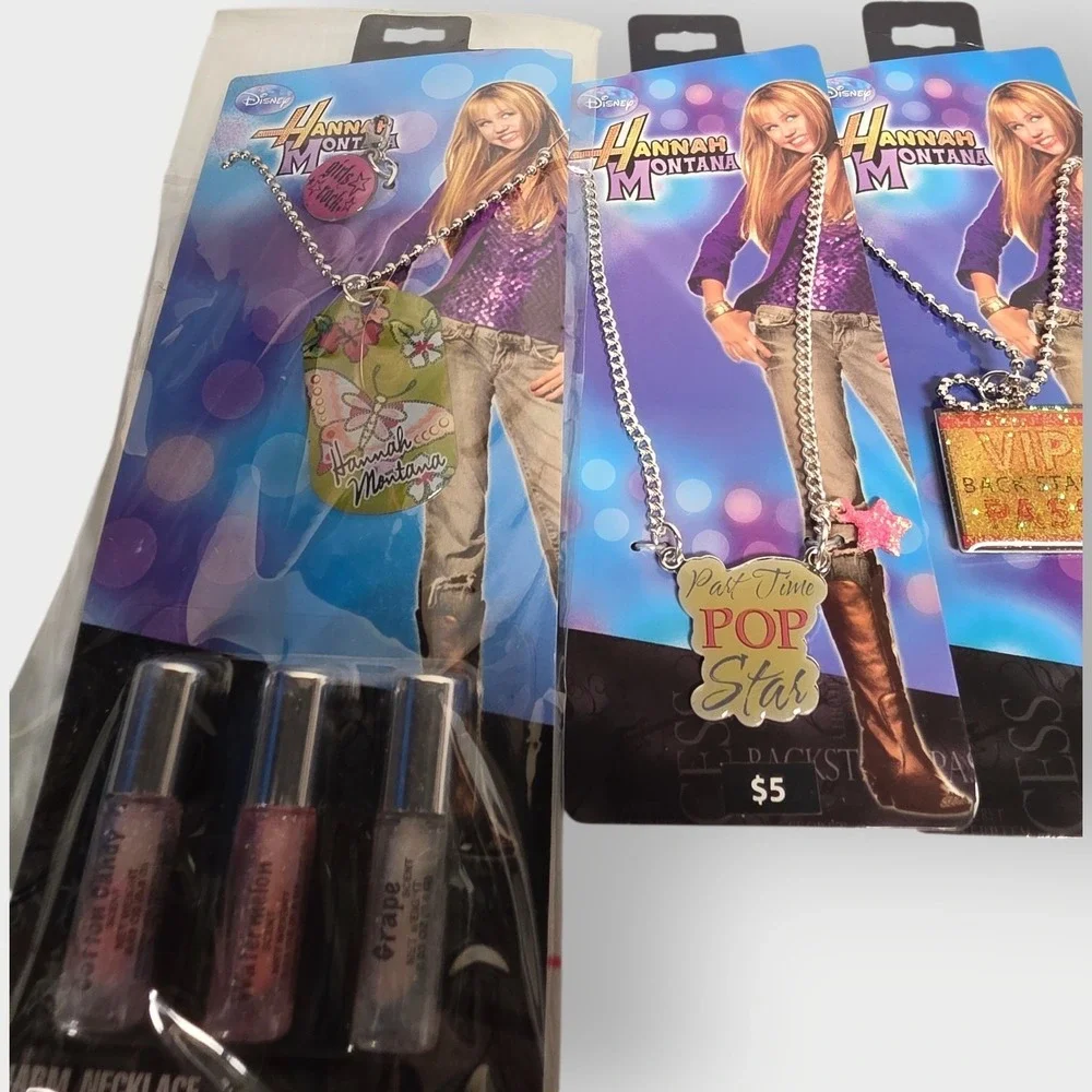 LOT OF 4 NEW Disney Hannah Montana Necklaces-And Temp Tattoos Lip Gloss‎ JEWELRY